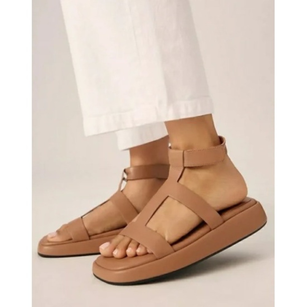 Jeffrey‎ Campbell Devis Sandals Tan Leather Low Wedge Platform H-Strap 7